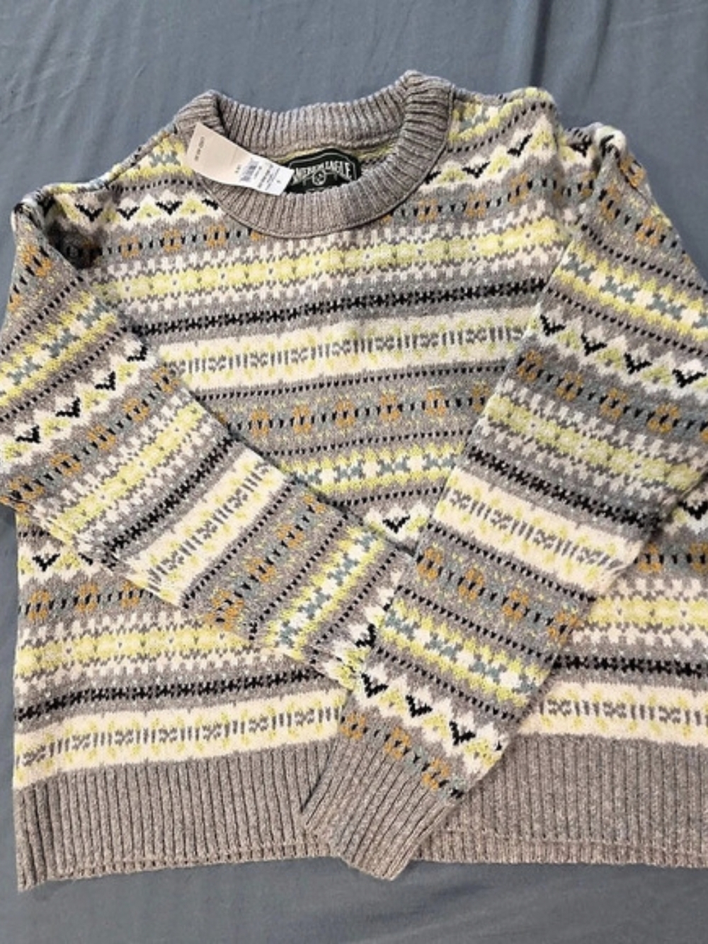 American Eagle Fair Isle Crewneck Sweater Gray & Yellow Size Small NWT